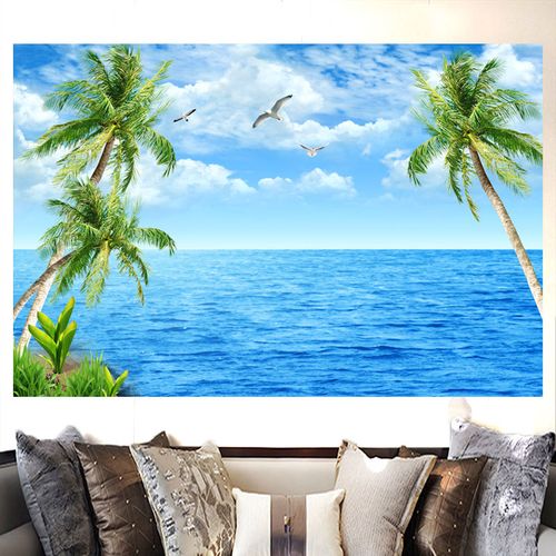 大海海景海鸥沙滩椰树风景装饰画蓝天白云大海客厅背景墙自粘贴画